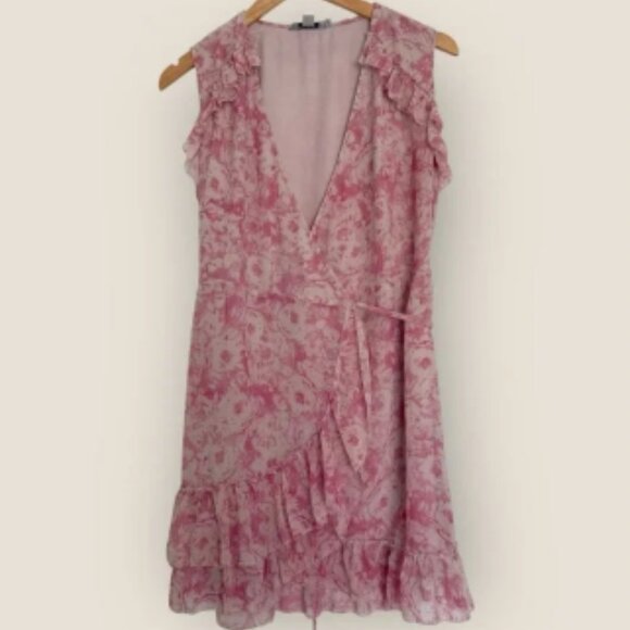 AllSaints Pink Floral Wrap Dress Size Small Ruffle Hem - Picture 2 of 7